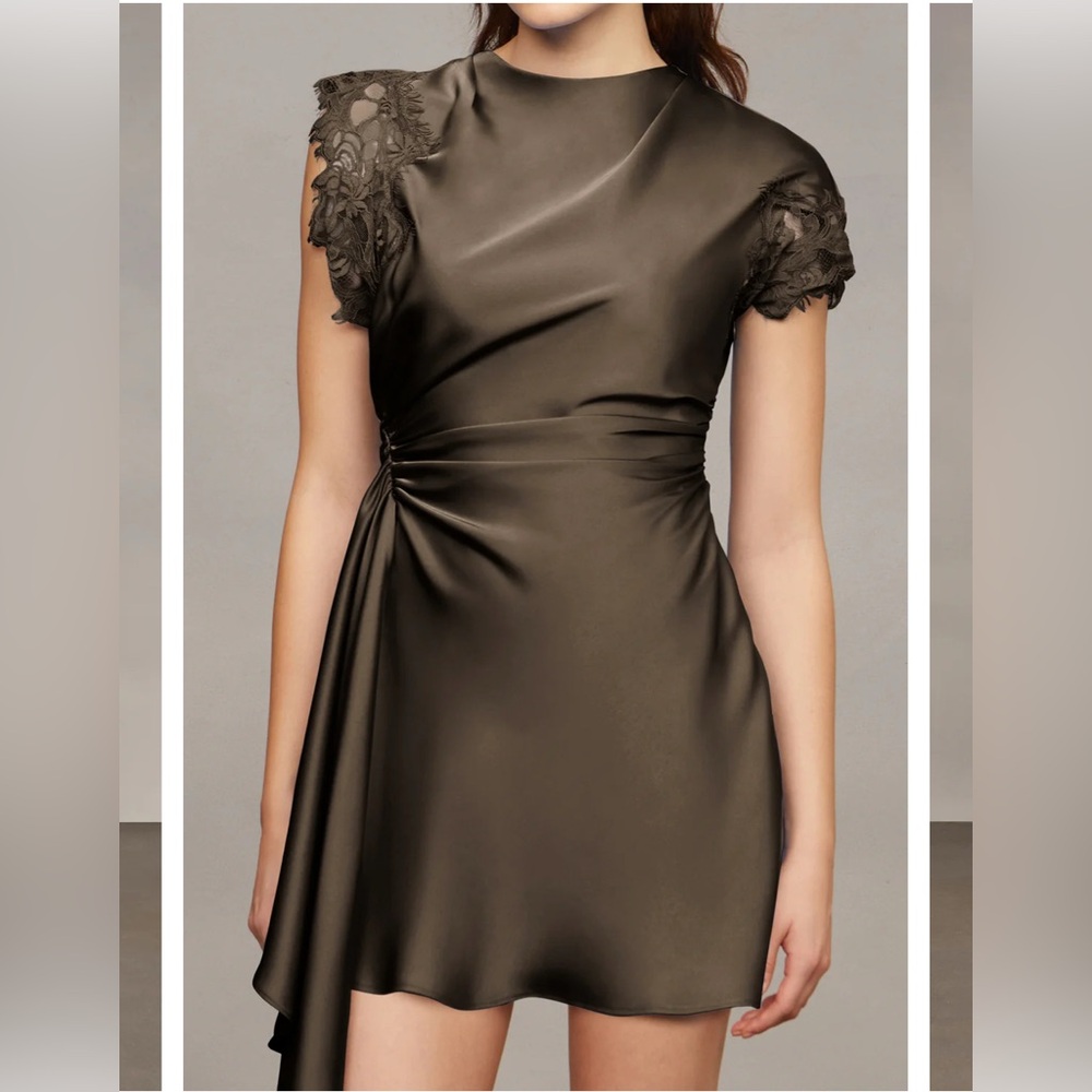 AMUR Olive Green Satin Dress with Lace Cap Sleeves